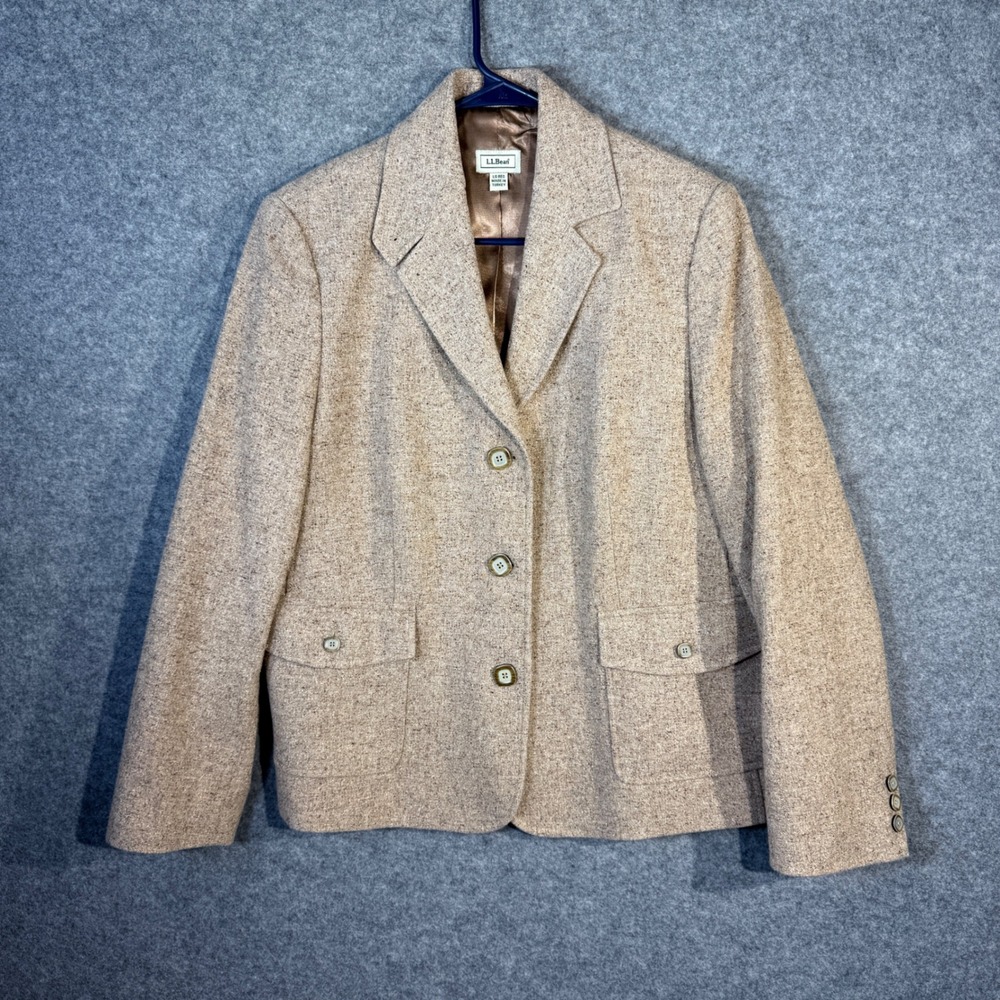 LL Bean Men's Wool Blend Blazer Jacket Tan Tweed Size Large Regular